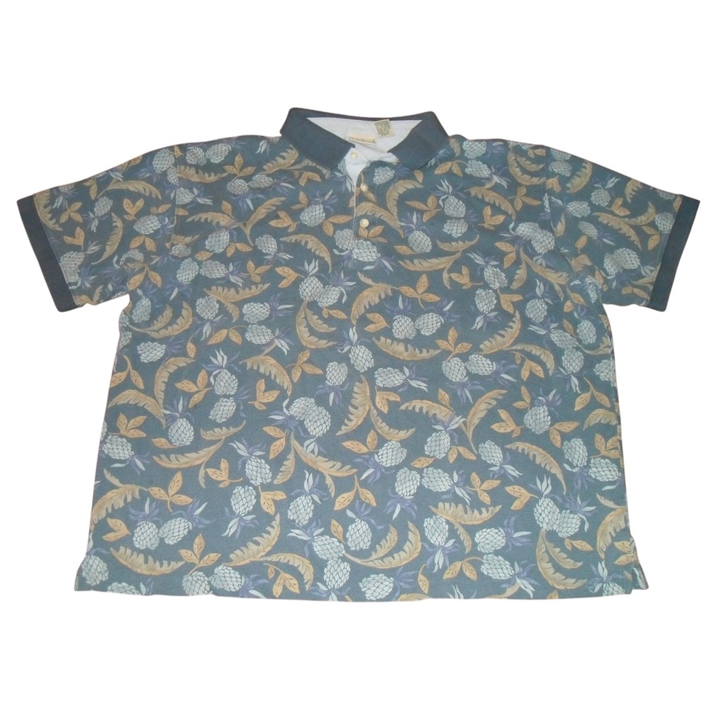 L.L.Bean Floral Pineapple Summer Polo Shirt Cotton Blend Short Sleeve Mens XL